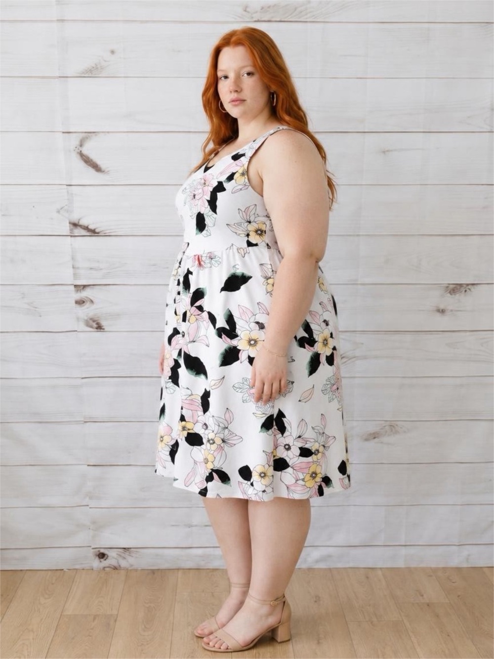torrid White Floral fit and flare dress with Pink and Yellow Blooms 1X